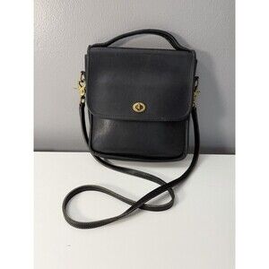 Vintage Laura USA Natural Leather & Solid Brass Crossbody Handbag Black